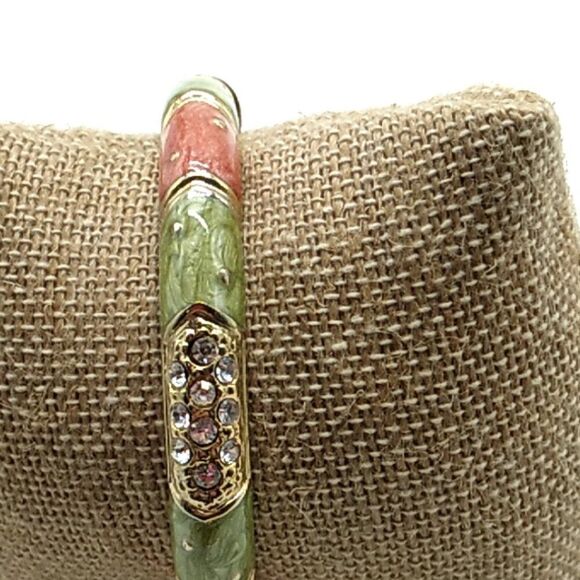 Swirled Enameled Clamper Hinged Pink Green Rhinestone Bracelet Gold-tone 7" - Picture 3 of 6
